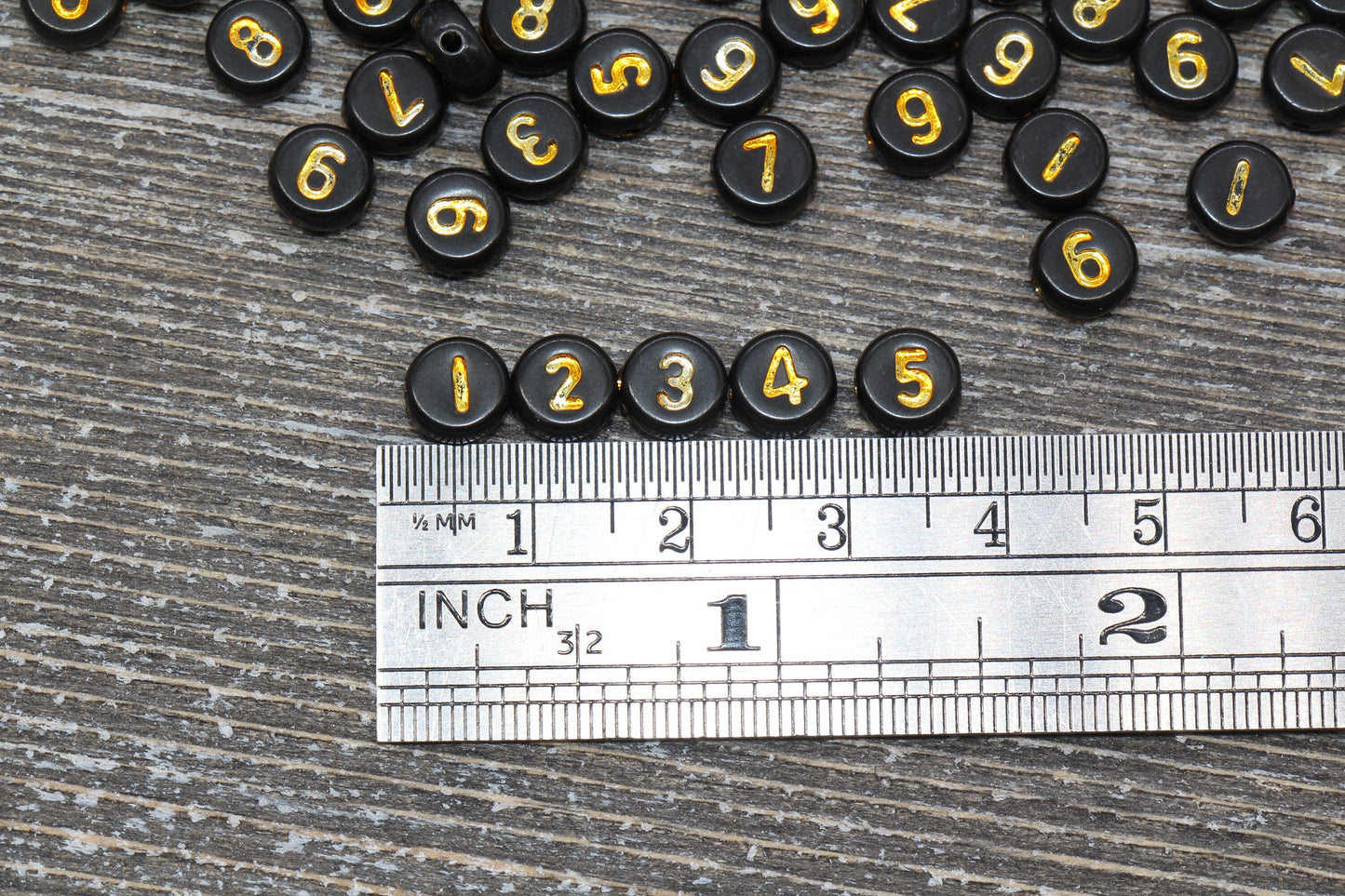 black and gold 7 mm round acrylic number beads, mixed set; round number beads