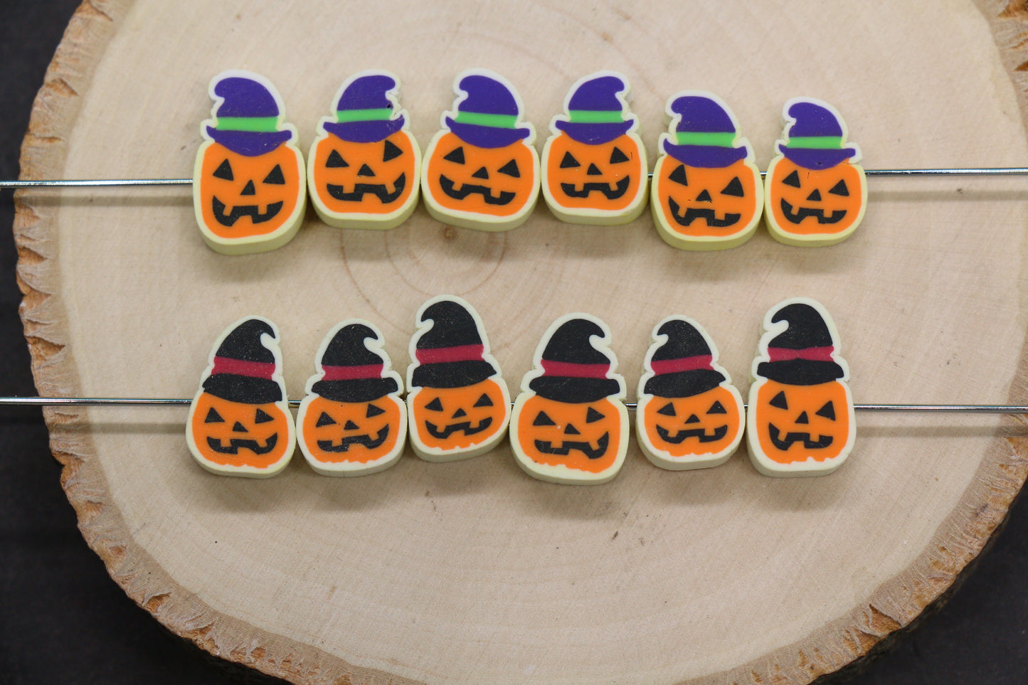 Pumpkin Beads with Witch Hat – Halloween Polymer Clay Jack-O’-Lantern Beads