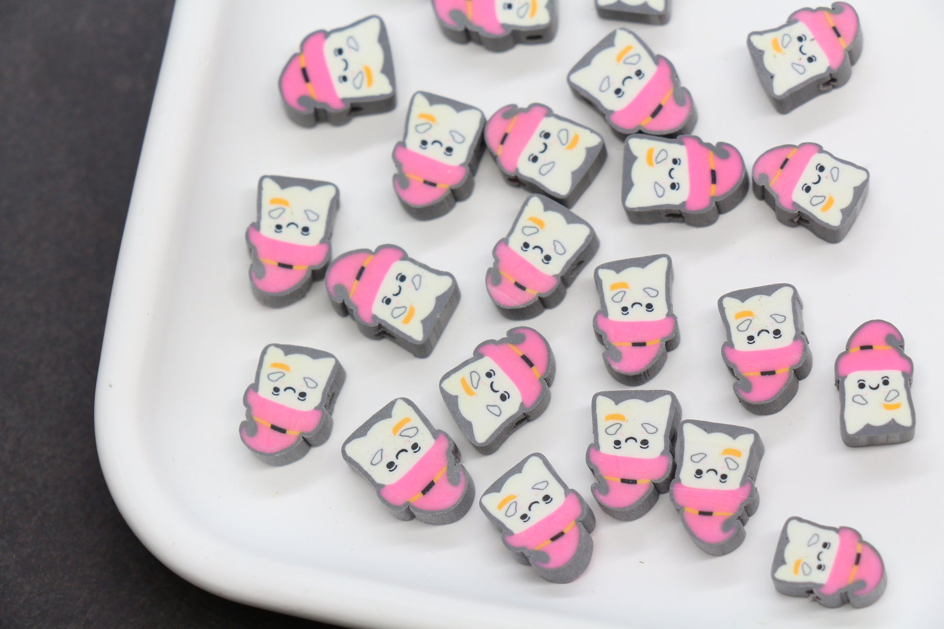 Ghost beads wearing pink witch hats – Halloween polymer clay beads for DIY crafts