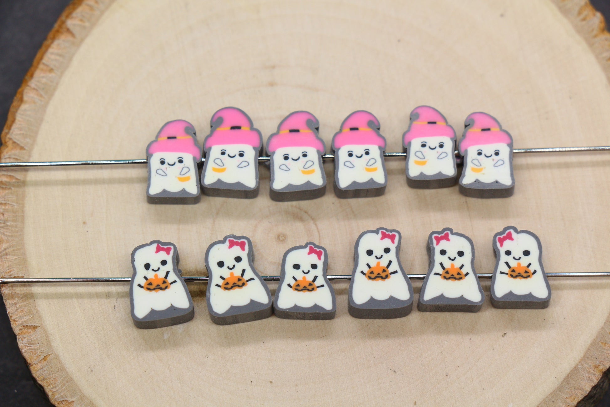 Mixed ghost polymer clay beads – pumpkin & witch hat Halloween beads for bracelets and keychains