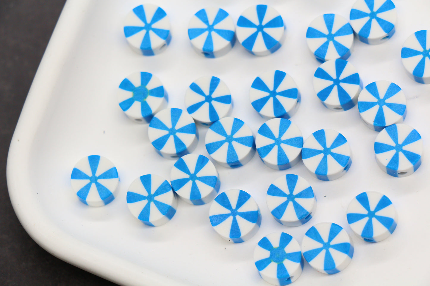 Blue peppermint polymer clay beads – candy swirl round beads for jewelry making