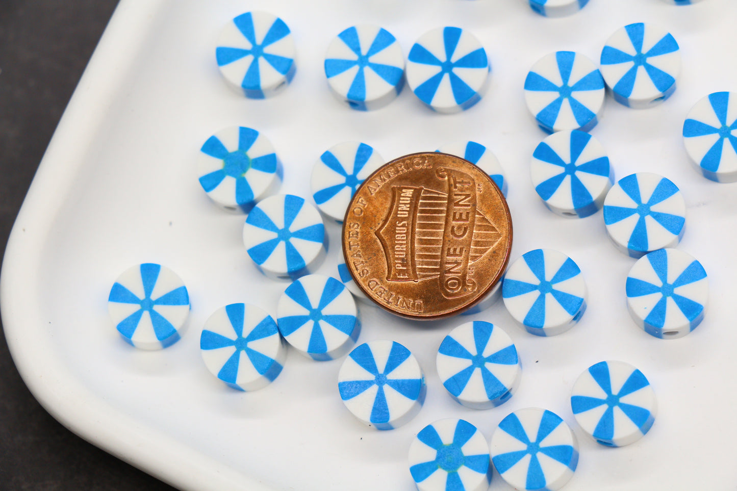 Blue peppermint polymer clay beads – candy swirl round beads for jewelry making