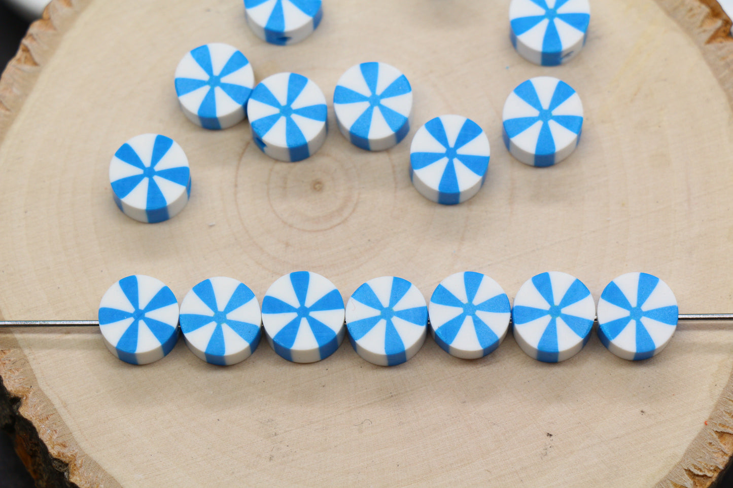 Blue peppermint polymer clay beads – candy swirl round beads for jewelry making