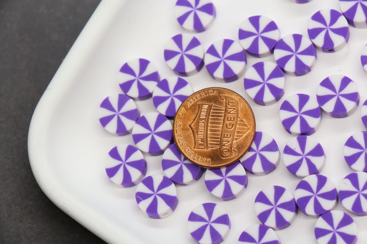 Purple peppermint polymer clay beads – candy swirl round beads for jewelry making