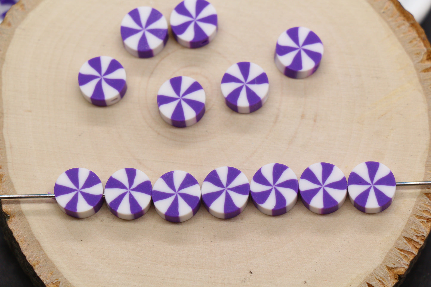 Purple peppermint polymer clay beads – candy swirl round beads for jewelry making