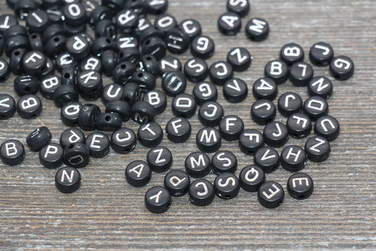 Black acrylic alphabet beads with silver letters 7mm round