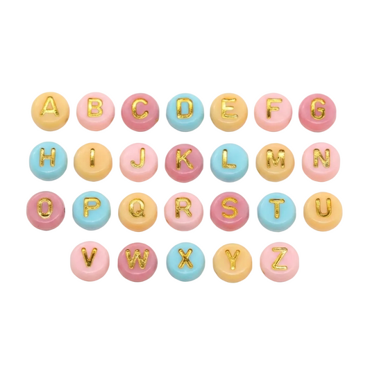 Pastel-colored alphabet letters with gold letters on a white background