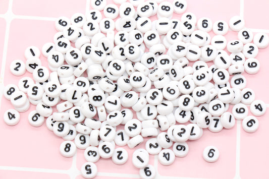 Mixed Number Beads, Acrylic Number Beads, White Beads with Black Numbers Round Beads, Bracelet Beads, Jewelry Making, Size 7mm #88