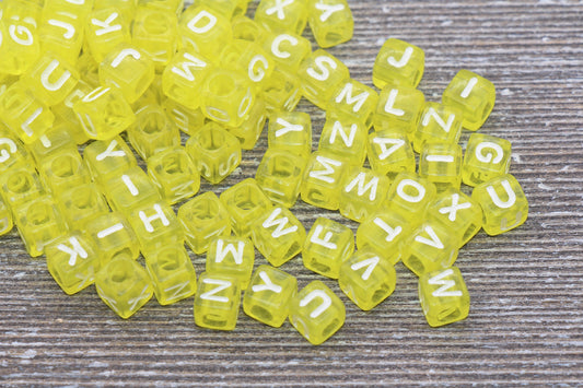 Translucent Yellow Alphabet Letter Beads, Mix Cube Square Letter Beads, Plastic Letter Beads, Acrylic Name Initial Beads, Size 6mm #3245