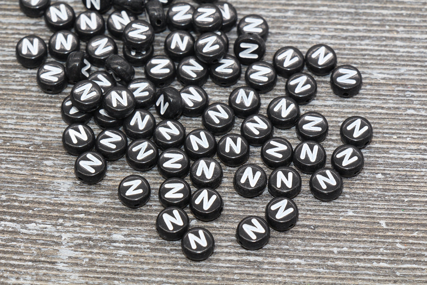 Letter N Alphabet Beads, Black Alphabet Letter Beads, Acrylic Black and White Letters Beads, Round Acrylic Beads, Name Beads, Size 7mm