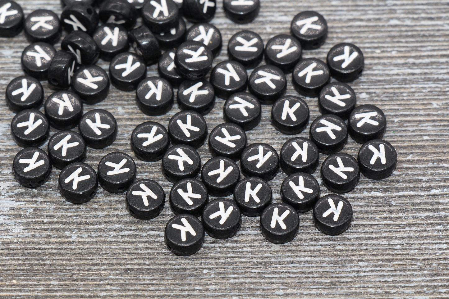 Letter K Alphabet Beads, Black Alphabet Letter Beads, Acrylic Black and White Letters Beads, Round Acrylic Beads, Name Beads, Size 7mm