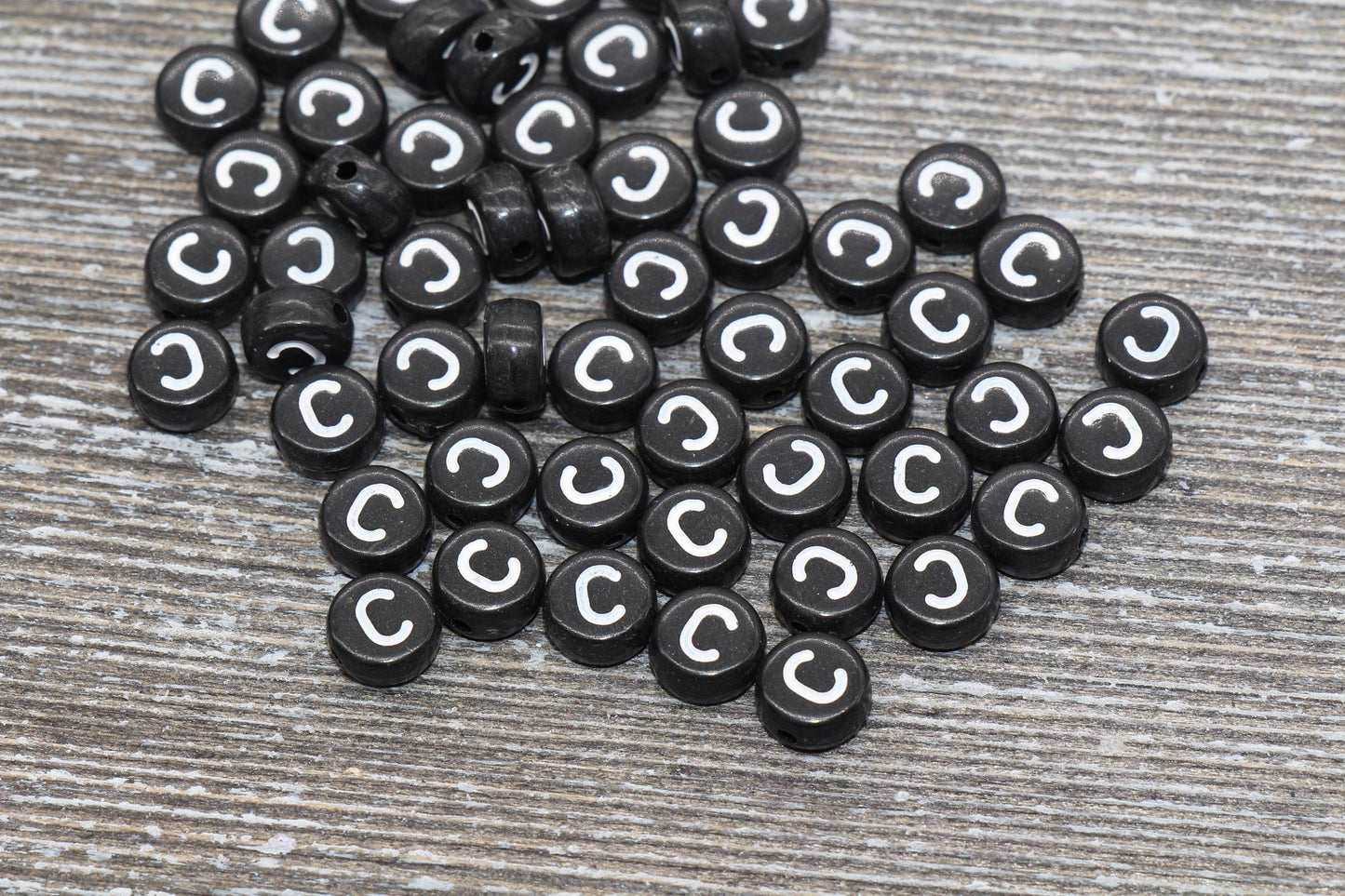 Letter C Alphabet Beads, Black Alphabet Letter Beads, Acrylic Black and White Letters Beads, Round Acrylic Beads, Name Beads, Size 7mm