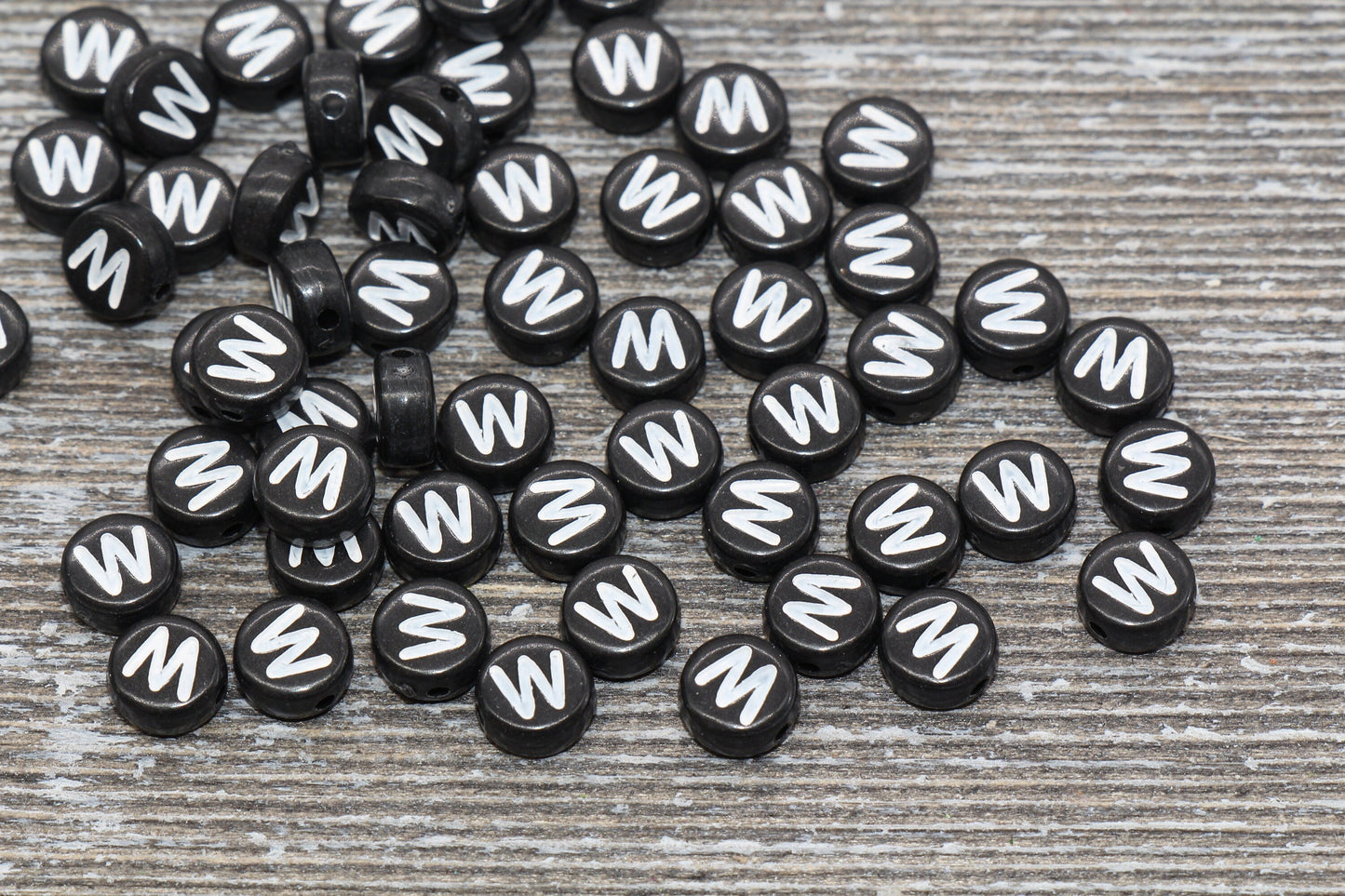 Letter W Alphabet Beads, Black Alphabet Letter Beads, Acrylic Black and White Letters Beads, Round Acrylic Beads, Name Beads, Size 7mm