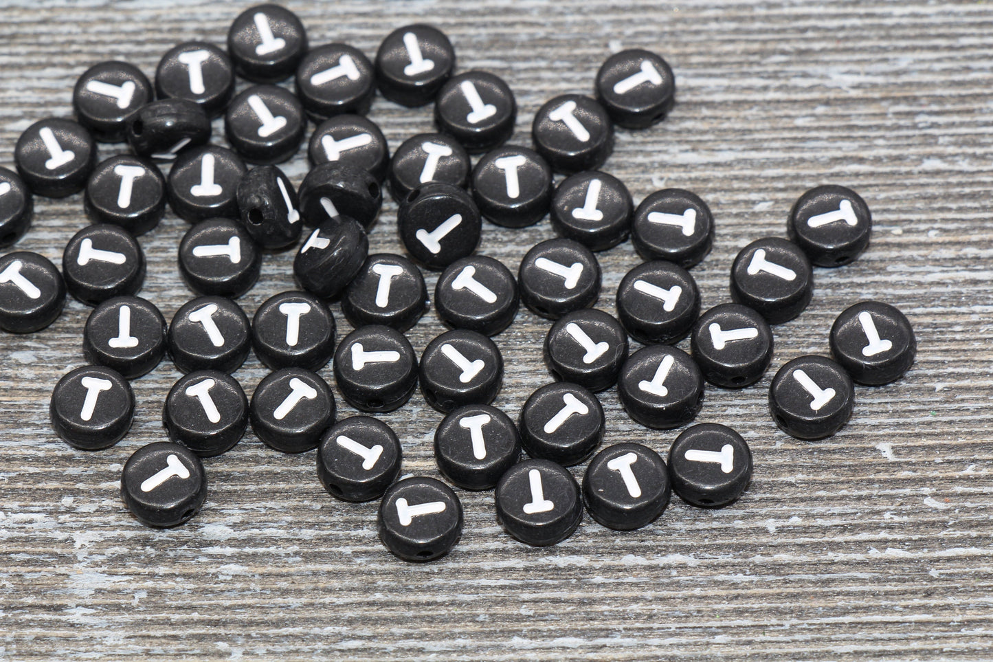 Letter T Alphabet Beads, Black Alphabet Letter Beads, Acrylic Black and White Letters Beads, Round Acrylic Beads, Name Beads, Size 7mm