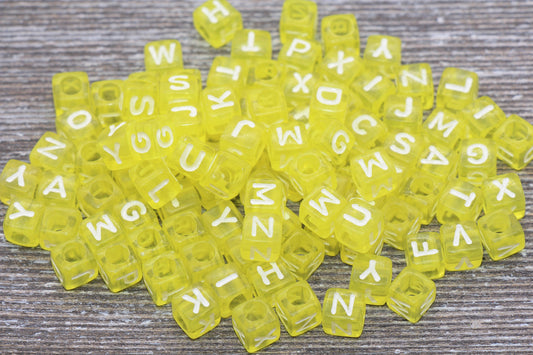 Translucent Yellow Alphabet Letter Beads, Mix Cube Square Letter Beads, Plastic Letter Beads, Acrylic Name Initial Beads, Size 6mm #3245