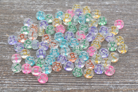Multicolored Translucent Alphabet Letter Beads, Acrylic Clear Letters Beads with Glitter, Round Acrylic Beads, Name Beads 7mm #156