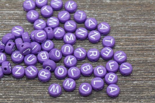 Purple Alphabet Letter Beads, Acrylic Purple and White Letter Beads, Round Acrylic Beads, Initial Beads, Name Beads 7mm #41
