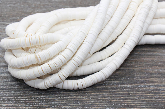 8mm White Heishi Beads, White Polymer Clay Disc Beads, African Disc Beads, Vinyl Heishi, 16 inch Strand #198