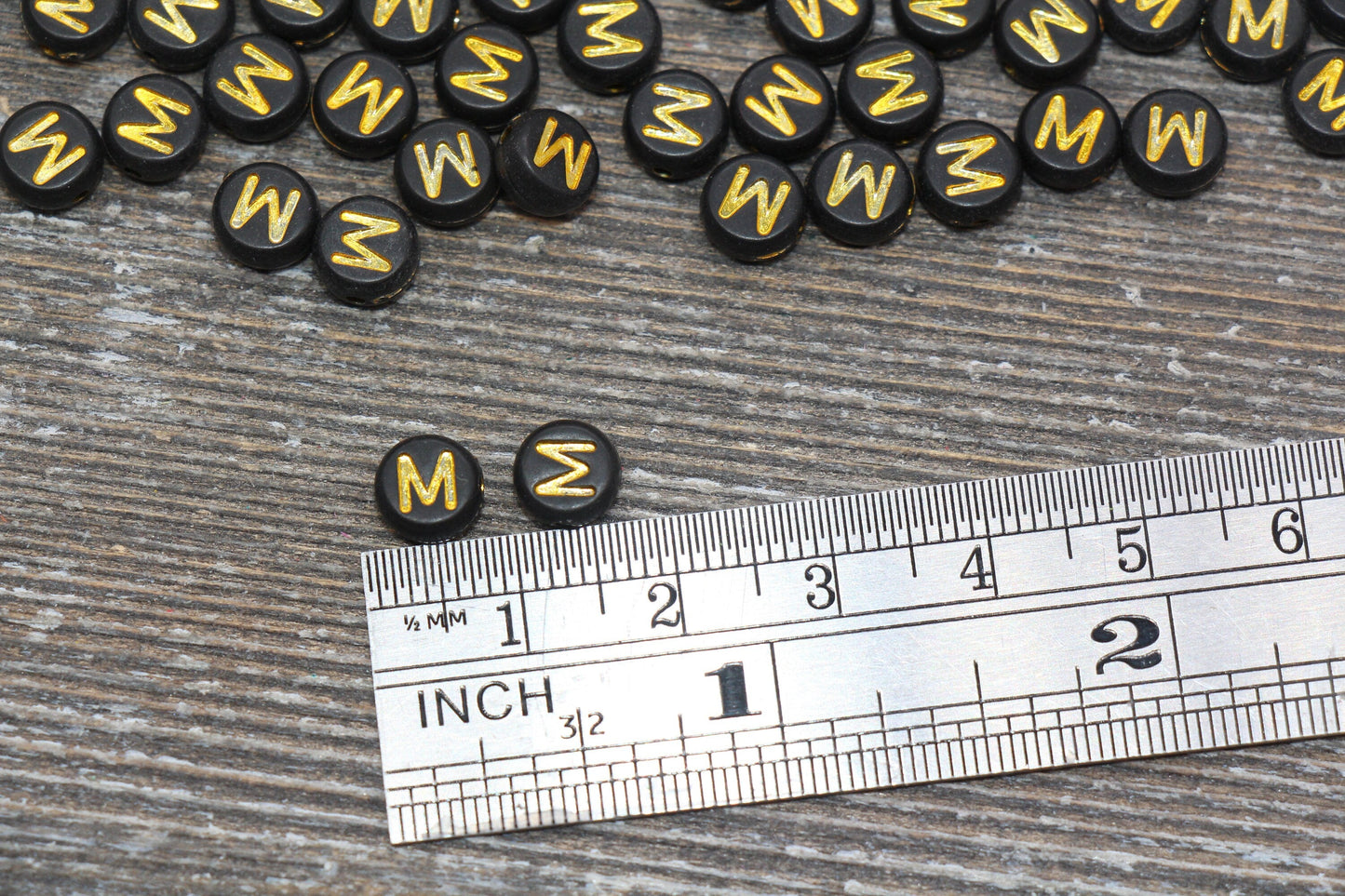Letter M Beads, Black with Gold Letter M, Individual letter, Single Letter, Gold Letter M, Size 7mm