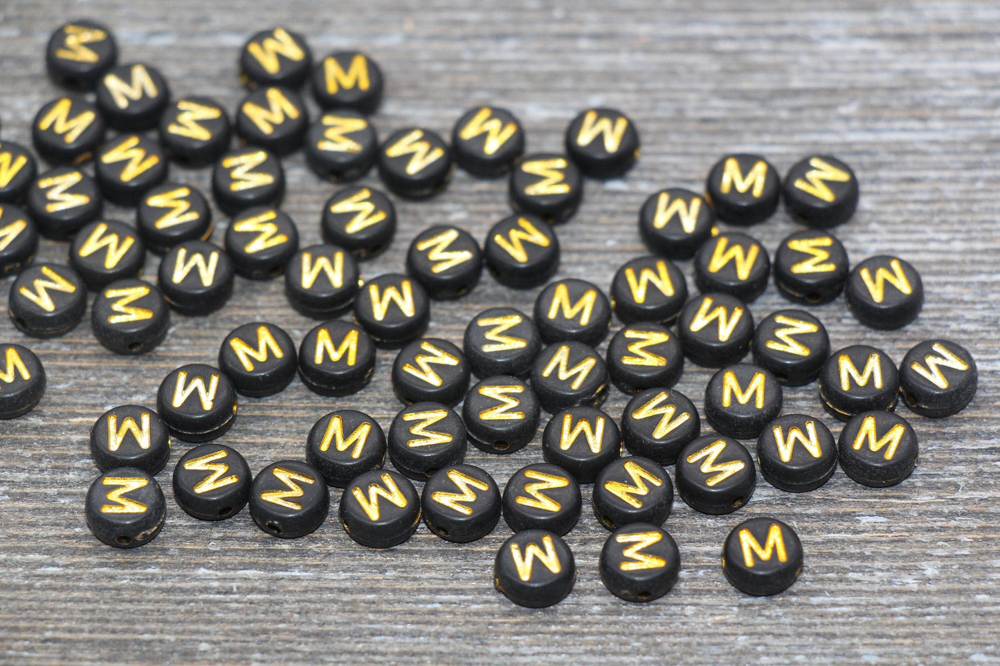 Letter M Beads, Black with Gold Letter M, Individual letter, Single Letter, Gold Letter M, Size 7mm