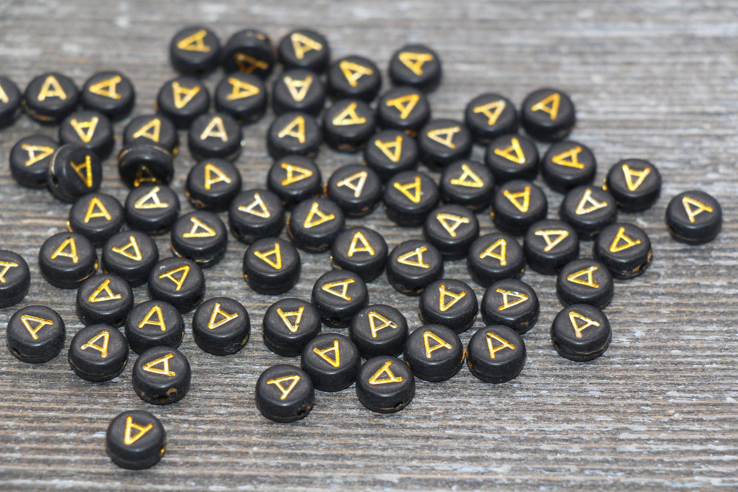 Letter A Beads, Black with Gold Letter A, Individual letter, Single Letter, Gold Letter A, Size 7mm