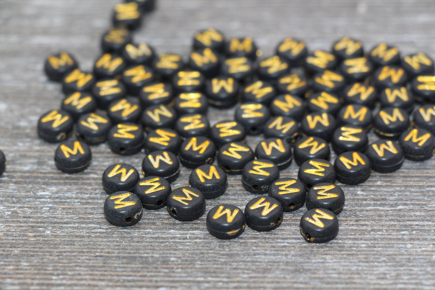 Letter M Beads, Black with Gold Letter M, Individual letter, Single Letter, Gold Letter M, Size 7mm