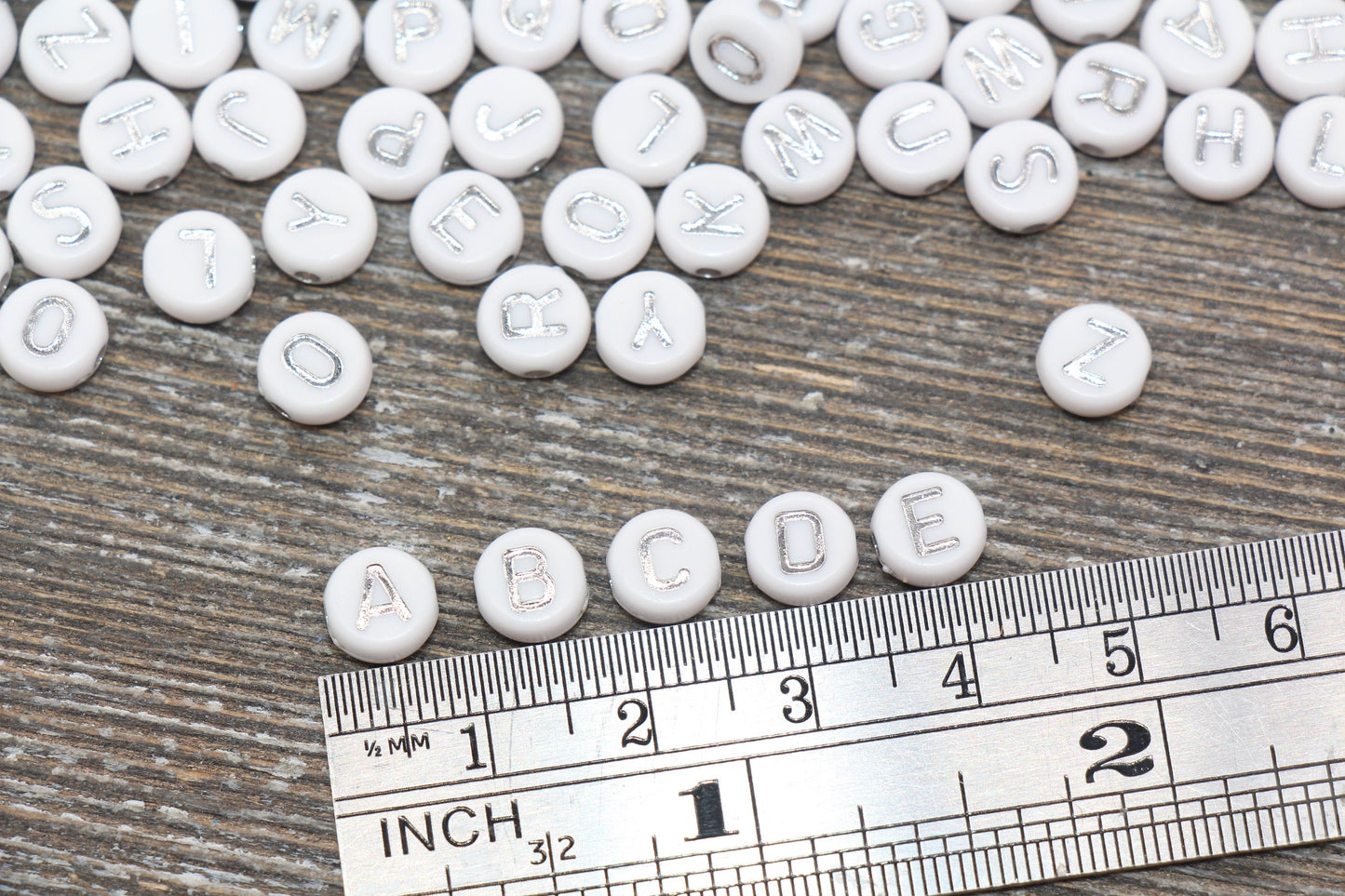 Alphabet Letter Beads, Acrylic White with Silver Letter Beads, Round Acrylic Beads, ABC Letter Beads, Name Beads, Size 7mm #363