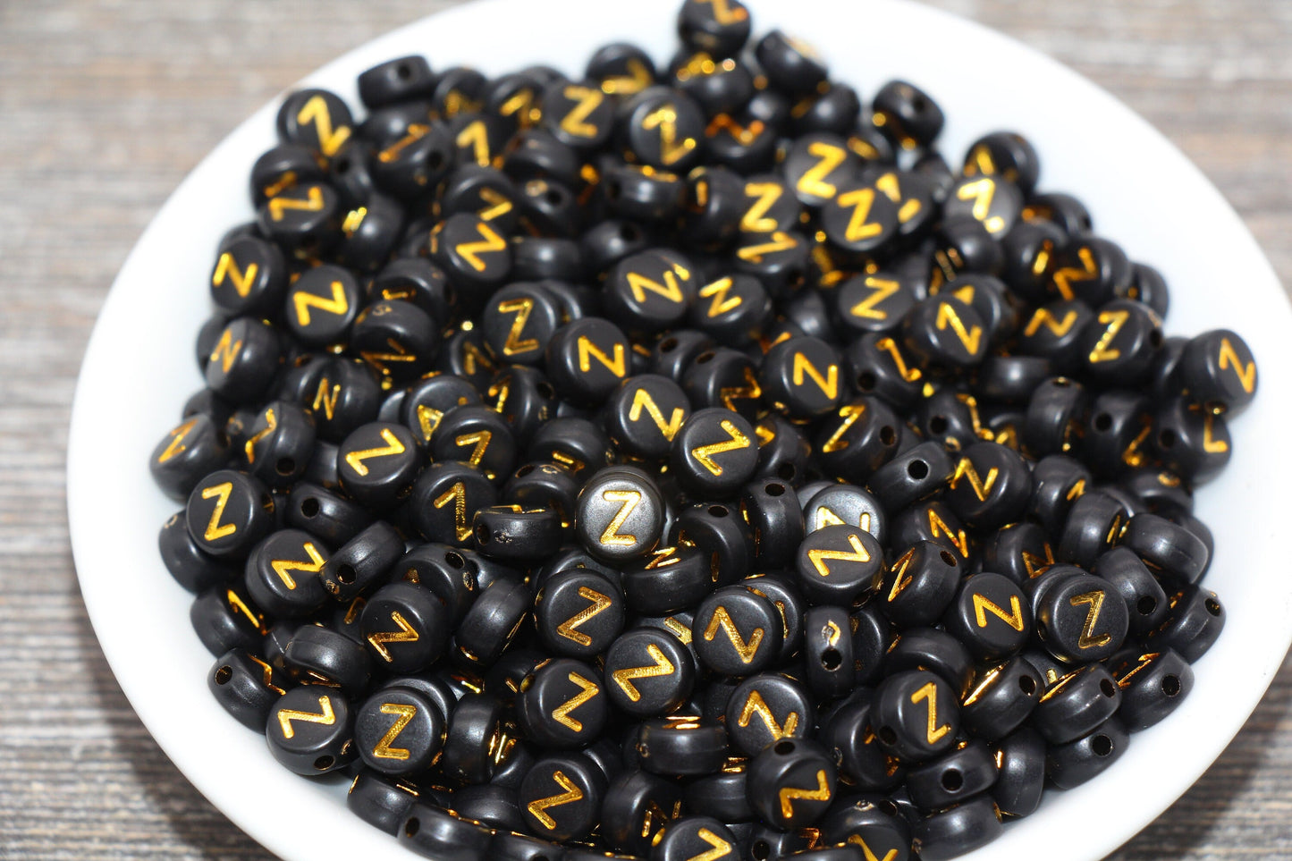 Letter Z Beads, Black with Gold Letter Z, Individual letter, Single Letter, Gold Letter Z, Size 7mm