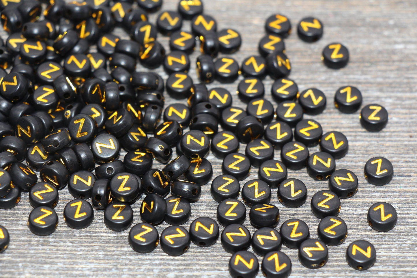 Letter Z Beads, Black with Gold Letter Z, Individual letter, Single Letter, Gold Letter Z, Size 7mm