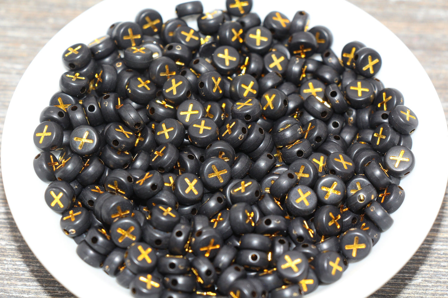 Letter X Beads, Black with Gold Letter X, Individual letter, Single Letter, Gold Letter X, Size 7mm