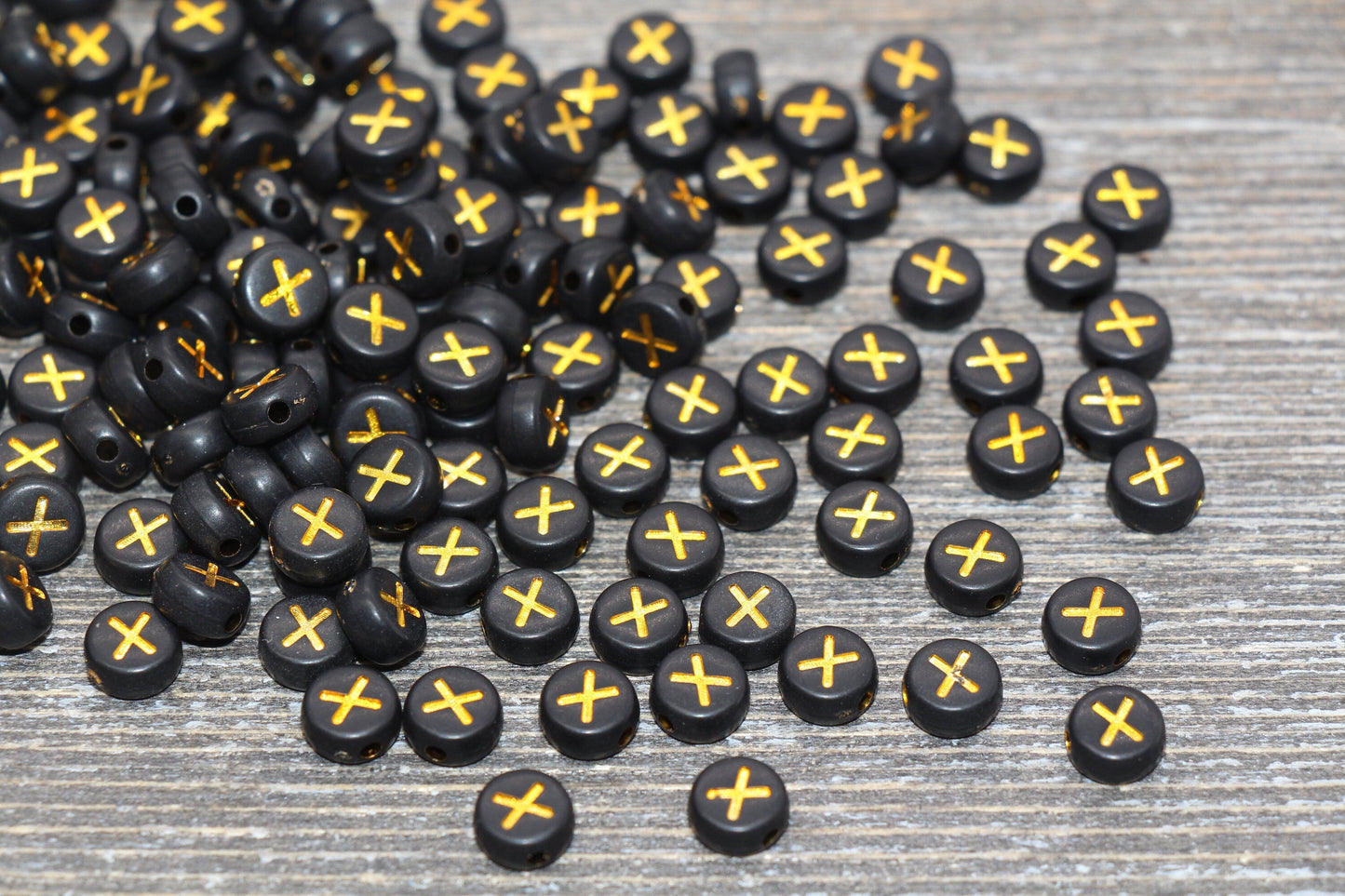 Letter X Beads, Black with Gold Letter X, Individual letter, Single Letter, Gold Letter X, Size 7mm