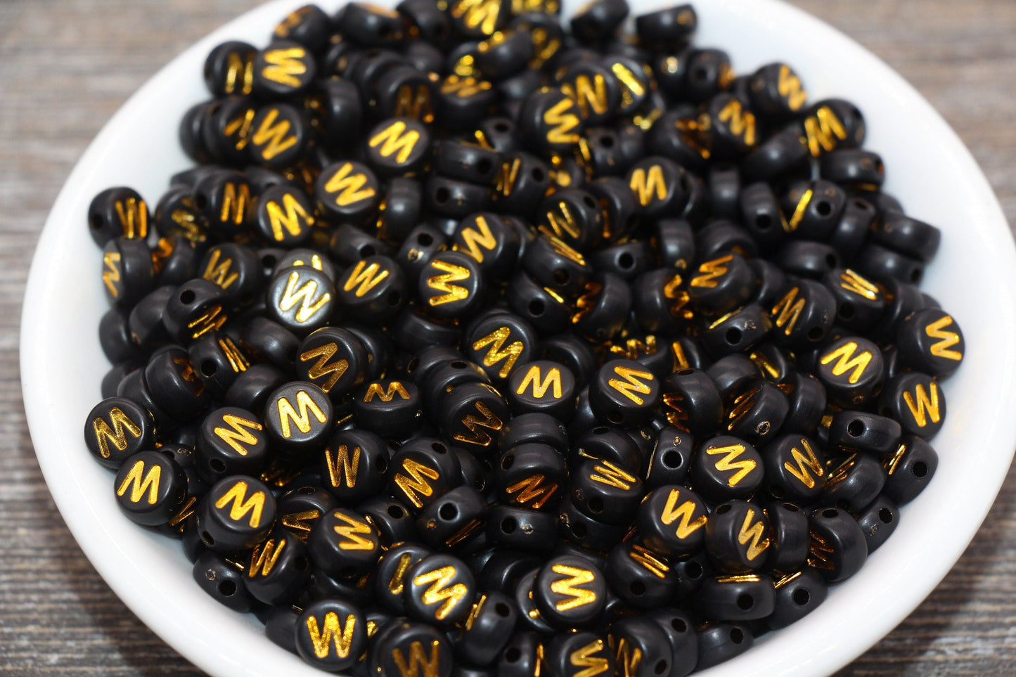 Letter W Beads, Black with Gold Letter W, Individual letter, Single Letter, Gold Letter W, Size 7mm