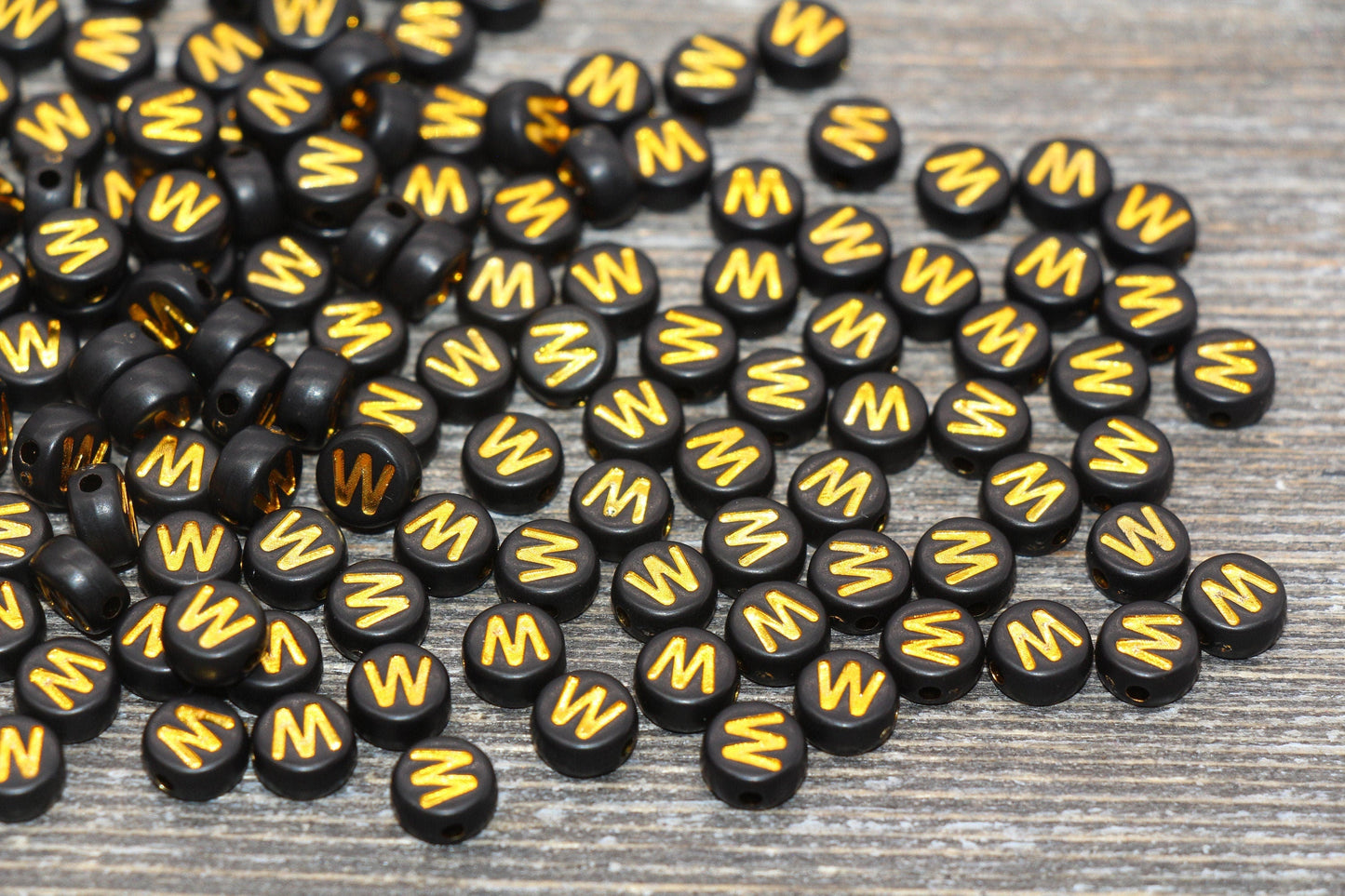 Letter W Beads, Black with Gold Letter W, Individual letter, Single Letter, Gold Letter W, Size 7mm