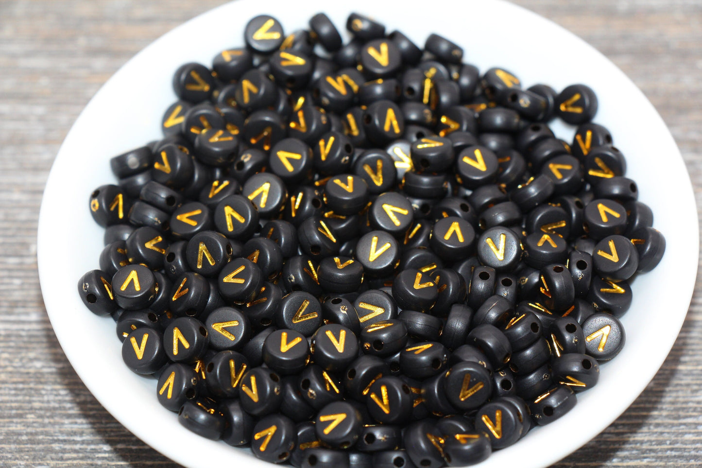 Letter V Beads, Black with Gold Letter V, Individual letter, Single Letter, Gold Letter V, Size 7mm