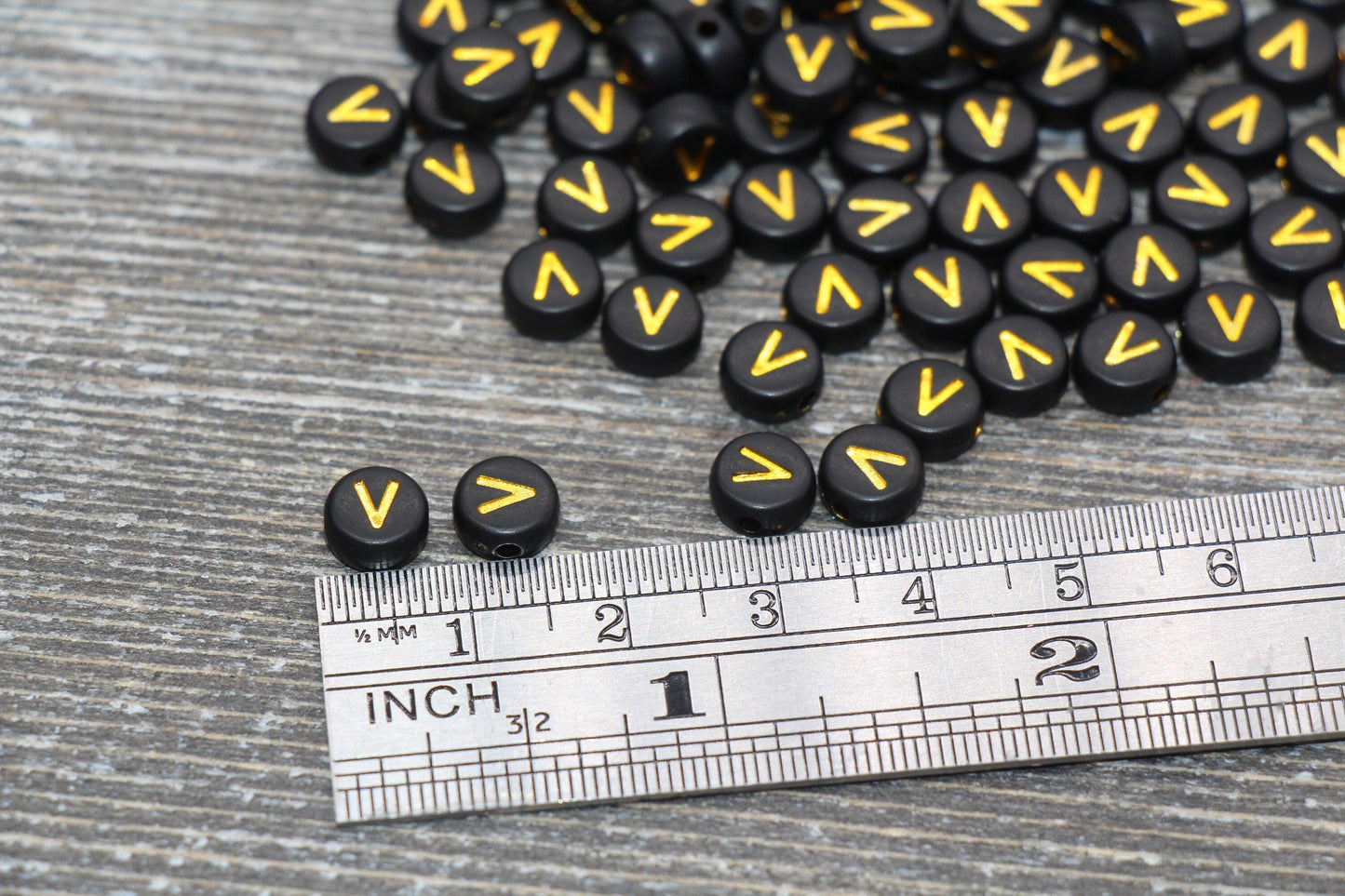 Letter V Beads, Black with Gold Letter V, Individual letter, Single Letter, Gold Letter V, Size 7mm