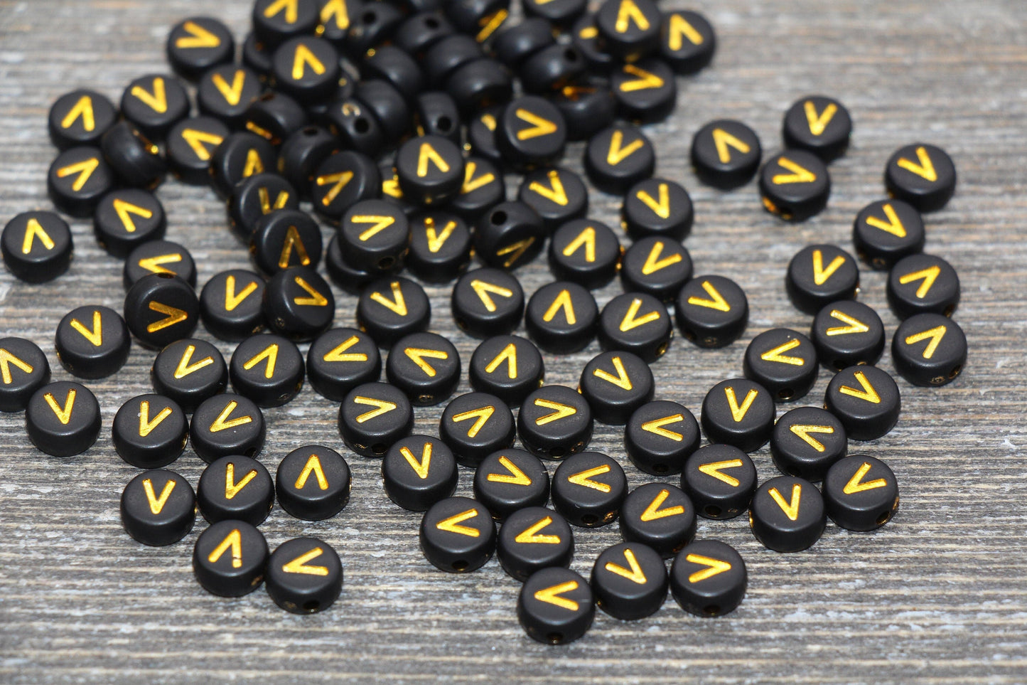 Letter V Beads, Black with Gold Letter V, Individual letter, Single Letter, Gold Letter V, Size 7mm