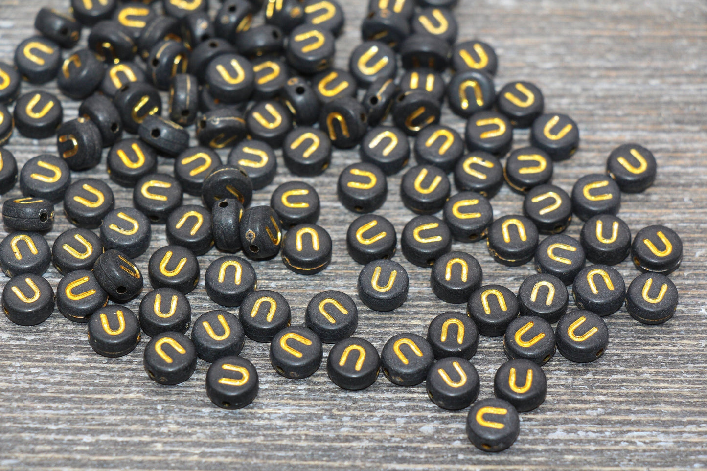 Letter U Beads, Black with Gold Letter U, Individual letter, Single Letter, Gold Letter U, Size 7mm
