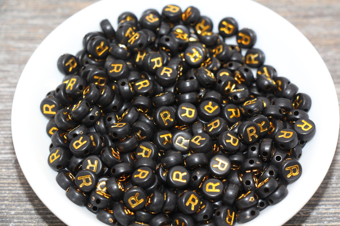 Letter R Beads, Black with Gold Letter R, Individual letter, Single Letter, Gold Letter R, Size 7mm