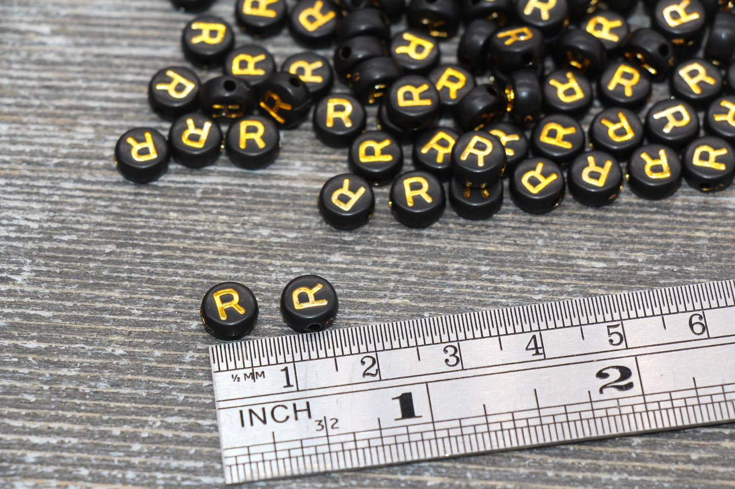 Letter R Beads, Black with Gold Letter R, Individual letter, Single Letter, Gold Letter R, Size 7mm