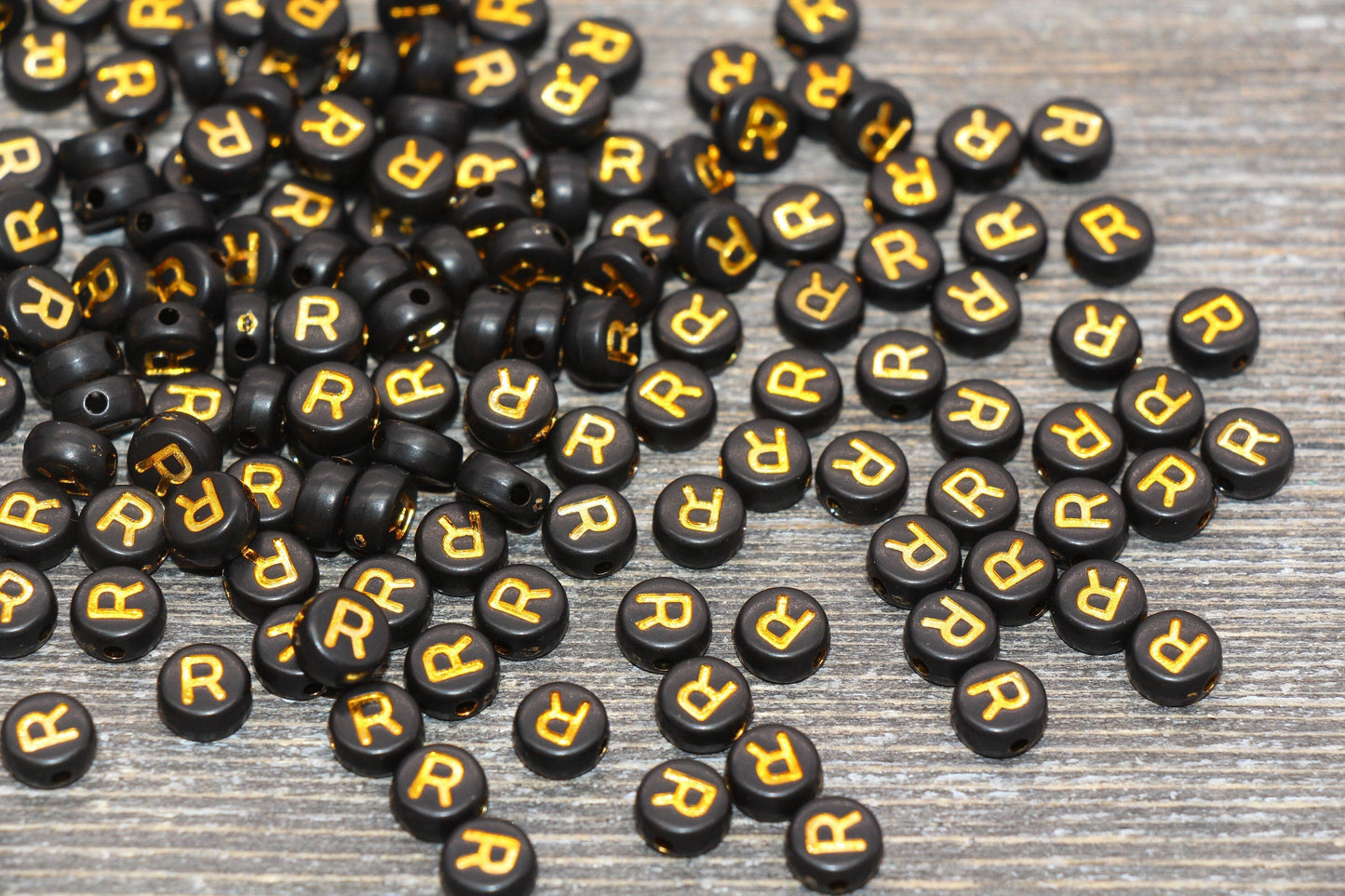 Letter R Beads, Black with Gold Letter R, Individual letter, Single Letter, Gold Letter R, Size 7mm