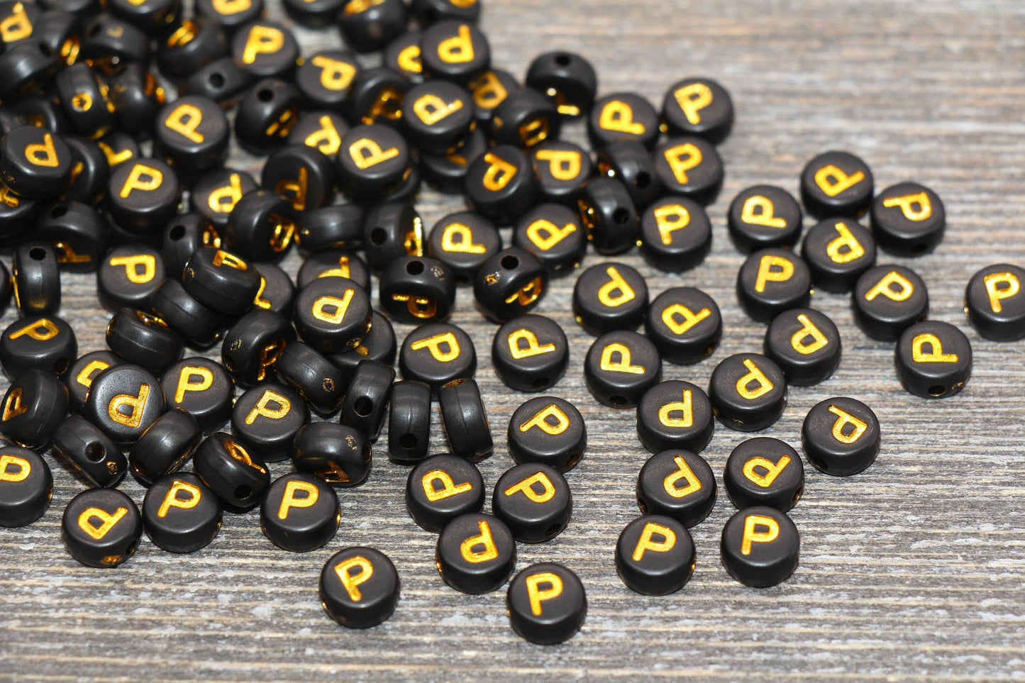Letter P Beads, Black with Gold Letter P, Individual letter, Single Letter, Gold Letter P, Size 7mm
