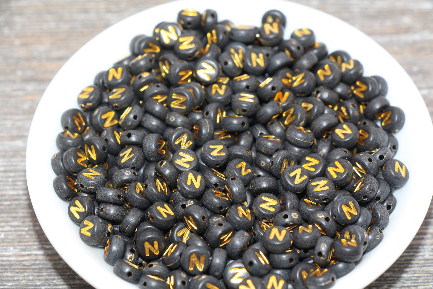 Letter N Beads, Black with Gold Letter N, Individual letter, Single Letter, Gold Letter N, Size 7mm