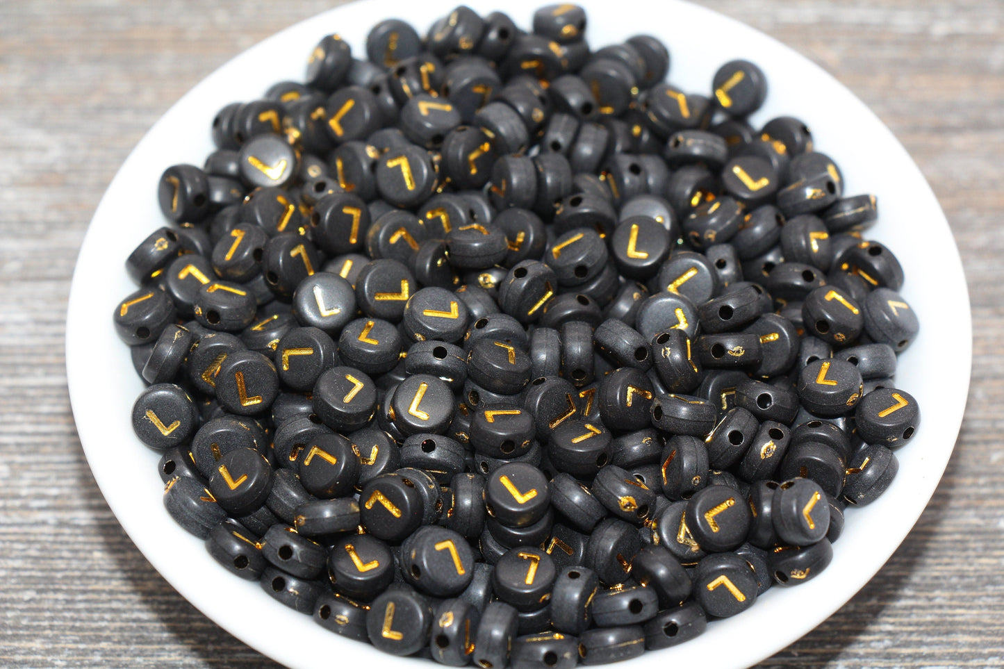 Letter L Beads, Black with Gold Letter L, Individual letter, Single Letter, Gold Letter L, Size 7mm