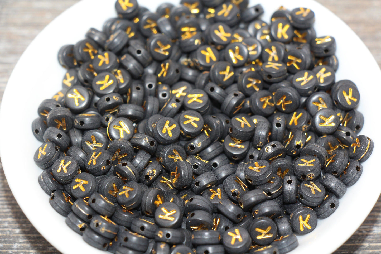 Letter K Beads, Black with Gold Letter K, Individual letter, Single Letter, Gold Letter K, Size 7mm