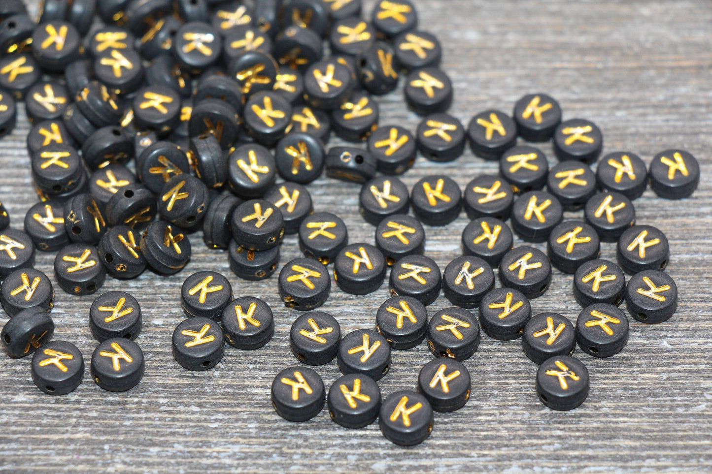 Letter K Beads, Black with Gold Letter K, Individual letter, Single Letter, Gold Letter K, Size 7mm