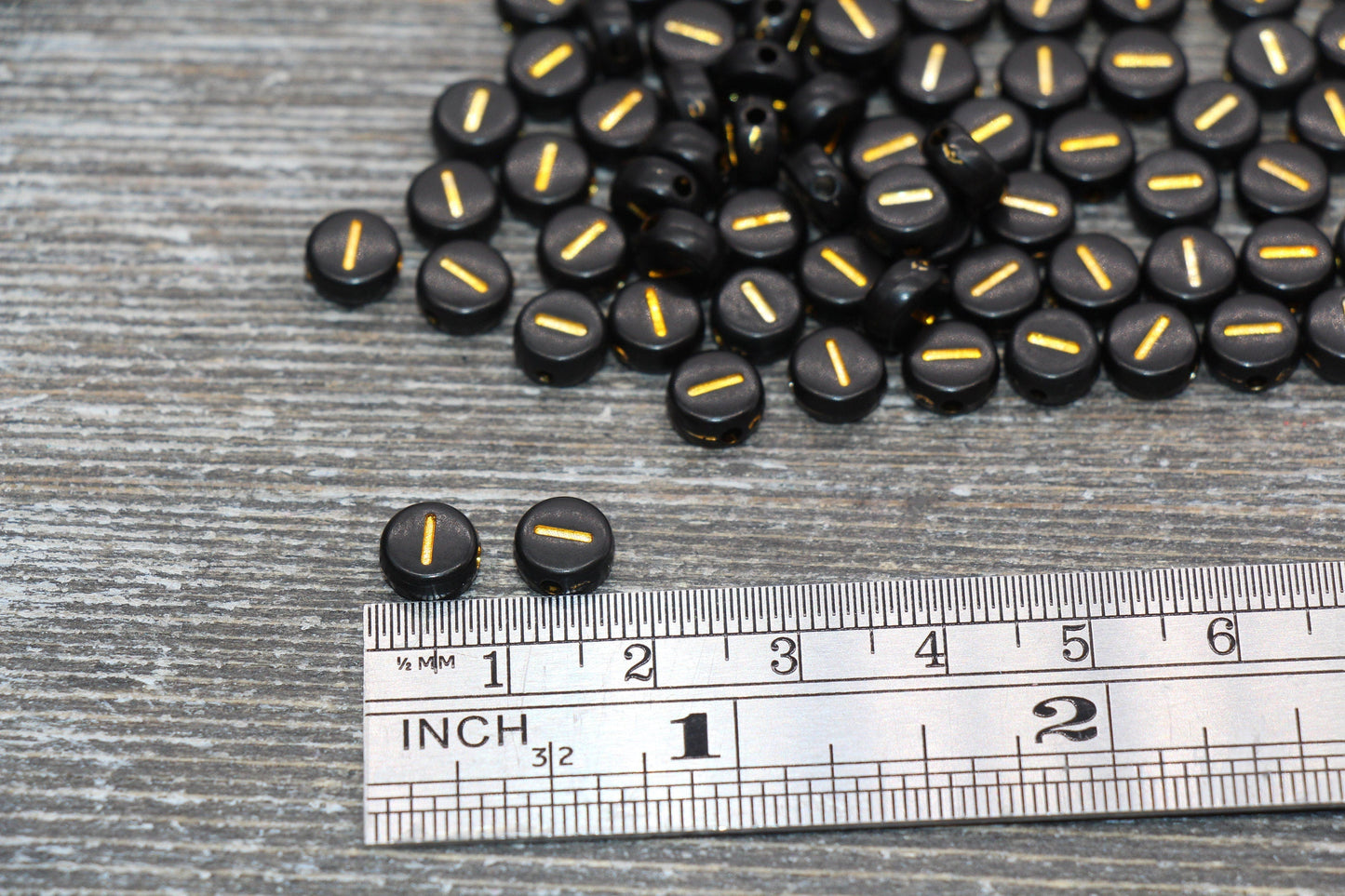Letter I Beads, Black with Gold Letter I, Individual letter, Single Letter, Gold Letter I, Size 7mm