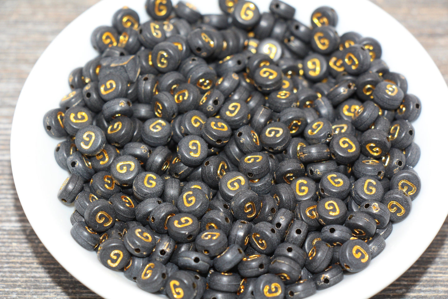 Letter G Beads, Black with Gold Letter G, Individual letter, Single Letter, Gold Letter G, Size 7mm