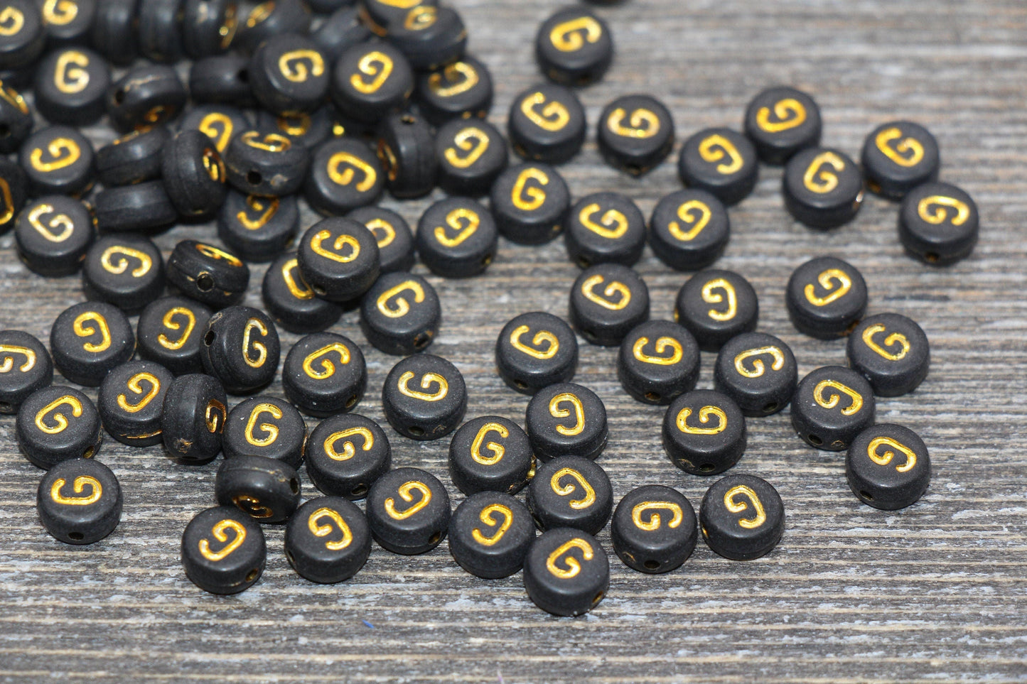 Letter G Beads, Black with Gold Letter G, Individual letter, Single Letter, Gold Letter G, Size 7mm