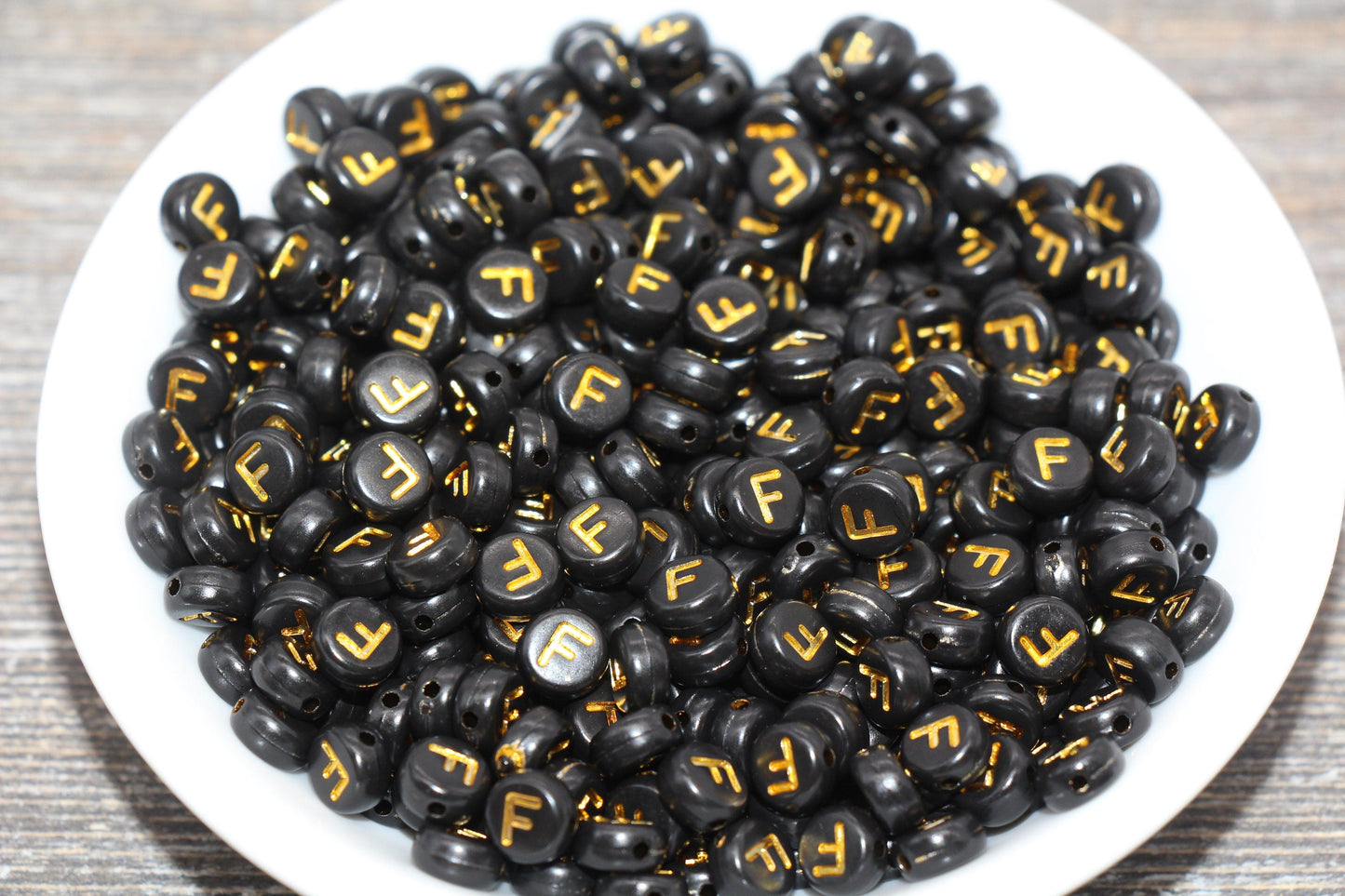 Letter F Beads, Black with Gold Letter F, Individual letter, Single Letter, Gold Letter F, Size 7mm