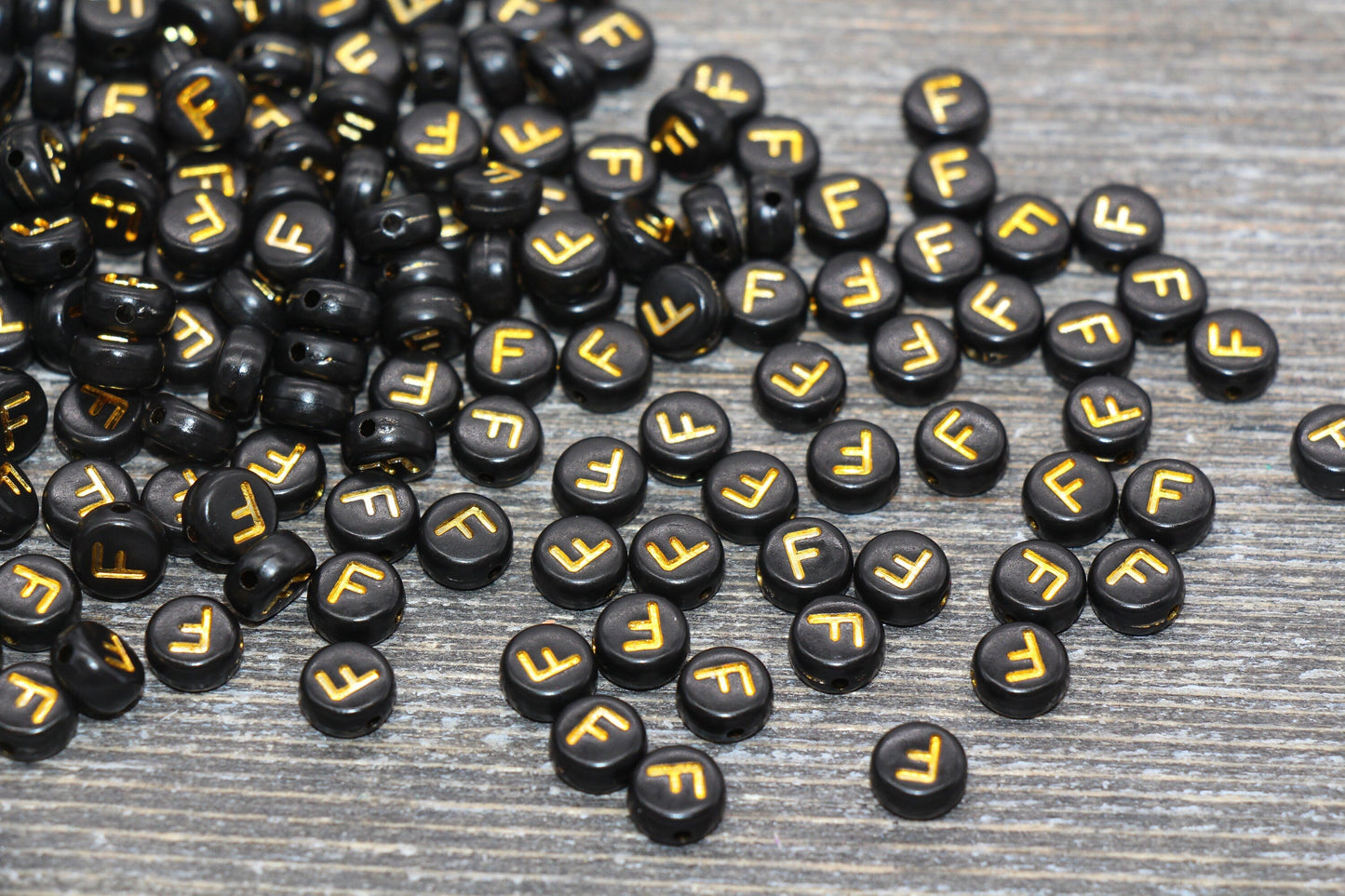 Letter F Beads, Black with Gold Letter F, Individual letter, Single Letter, Gold Letter F, Size 7mm